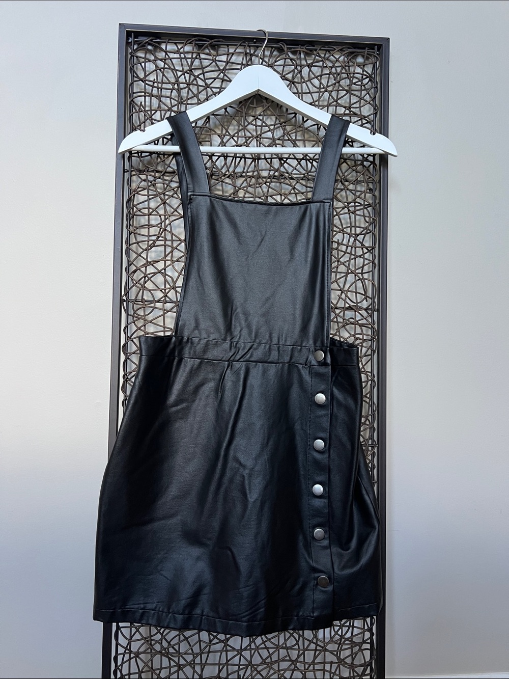 Wild Fable Vegan leather overall mini dress black square neckline side buttons S